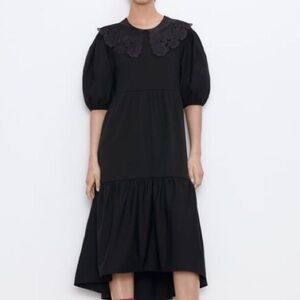 Zara Dress Women’s Medium Black Midi Puff Sleeve Lace Sheer Collar Detail